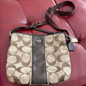 Coach Brown and Tan Signature Shoulder Bag with Gold-Tone Hardware